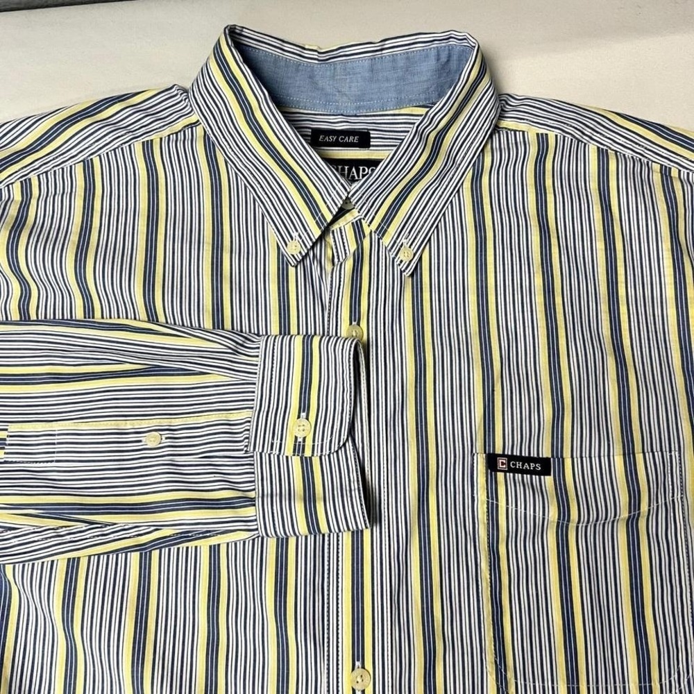 Chaps Easy Care Yellow Blue Casual Striped Button Down Shirt Classic Fit XL